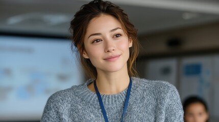 Young woman wearing a gray sweater and a lanyard, smiling confidently in a modern office environment with blurred background and natural lighting