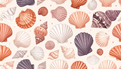 Seamless pattern of various seashells in pastel colors