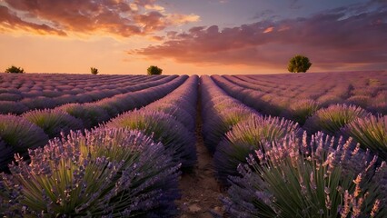 Fototapeta premium Lavender Field at Sunset with Dramatic Sky in Provence Landscape