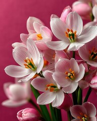 Fototapeta premium Creative layout with snowdrop flowers on pink background, minimal nature love background spring flowers concept