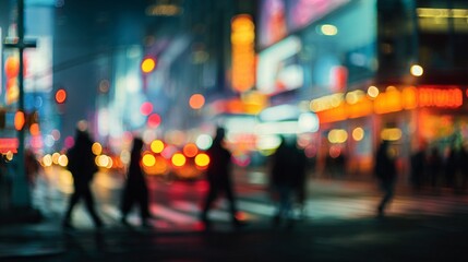 Vibrant city nightscape with blurred silhouettes of pedestrians crossing street, illuminated by colorful bokeh lights of urban downtown scene after sunset