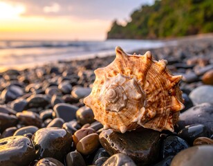 Seashell on a pebbled beach at sunrise