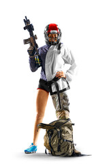 A joyful collage of several sports combined in one person. Skateboarding, soccer, gym, boxing, cycling, hockey, basketball, volleyball, baseball, fitness, American football etc. Isolated on a white