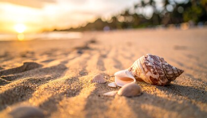 Seashell on golden beach at sunset