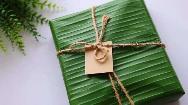 A rectangular gift wrapped in a vibrant green banana leaf, tied with light brown twine and a small tag