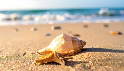 Seashells and starfish on sandy beach