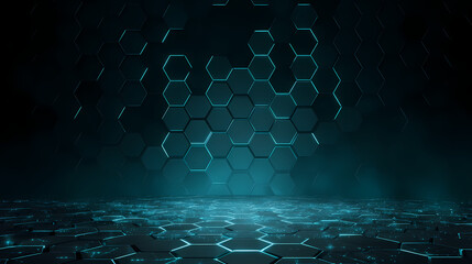 Futuristic Hexagonal Grid with Neon Glow on a Textured Floor, Digital Art Background