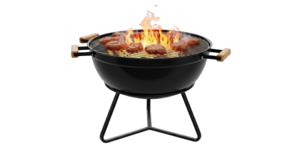 Sizzling Burgers on a Charcoal Grill with Flames, Set Against a Transparent Background, Ideal for Summer Cookouts and Barbecue Promotions, Outdoor Cooking