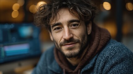 Obraz premium Portrait of a smiling man with curly hair in a cozy workspace setting, capturing creativity and inspiration in a modern environment