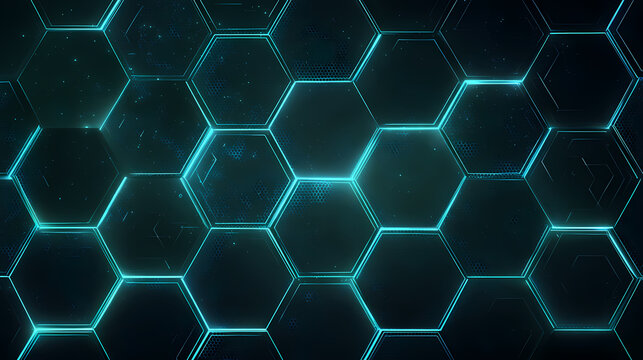 Abstract hexagonal grid with glowing blue lines, representing a futuristic digital network or scientific concept - Powered by Adobe
