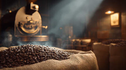 The art of coffee roasting, a collaborative craft with aromatic beans in a burlap sack and a vintage roaster steaming in a workshop