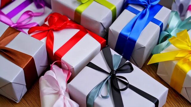 Many wrapped gifts of various colors and designs sit together on a wooden surface.  Colorful ribbons and bows adorn white gift boxes