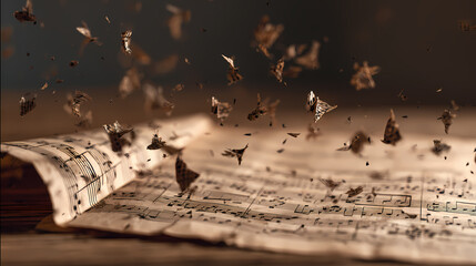 Vintage sheet music from a classic composition disintegrates, its fragile notes floating away like lost memories
