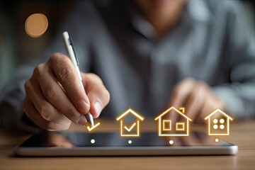 A person using a tablet to digitally check off options for houses