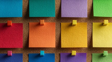 Fototapeta premium Colorful sticky notes pinned to a corkboard create a vibrant office atmosphere, perfect for organizing thoughts, reminders, or ideas in a creative workspace setting.