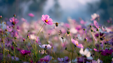 A diligent bee approaches a beautiful pink cosmos flower in a dreamy, ethereal meadow filled with colorful wildflowers