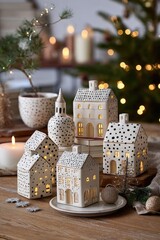 A charming collection of decorative ceramic houses, dotted with black accents, illuminated from within, creating a warm holiday scene.