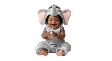 Smiling baby in elephant costume sitting on isolated transparent background png image with transparent background