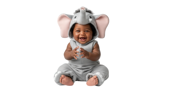 Smiling baby in elephant costume sitting on isolated transparent background png image with transparent background