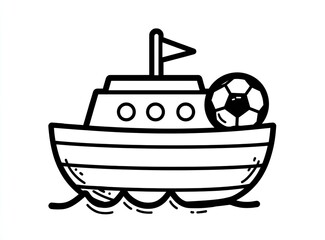 Simple black-line drawing of a stylized boat with a soccer ball