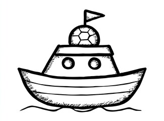 Simple, black and white, cartoon boat with a soccer ball on top. The boat has a textured, hand-drawn look, with waves beneath
