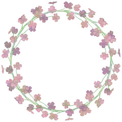 Isolated vector illustration. Round floral decor or frame. Wreath of wild flowers. Gillyflower or carnation. Matthiola bicornis. Clove blossom.