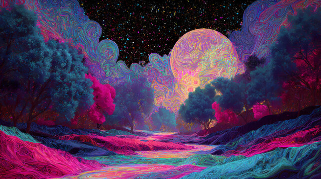 Ethereal journey through a psychedelic dreamscape with a glowing river, fantastical trees, and a celestial moon in a starry night sky