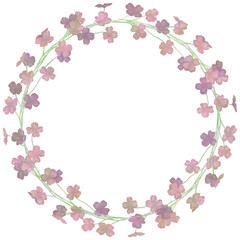 Isolated vector illustration. Round floral decor or frame. Wreath of wild flowers. Gillyflower or carnation. Matthiola bicornis. Clove blossom.