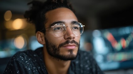 Obraz premium Thoughtful young man with glasses reflecting on market trends in a modern office space, showcasing focus and determination in a professional environment