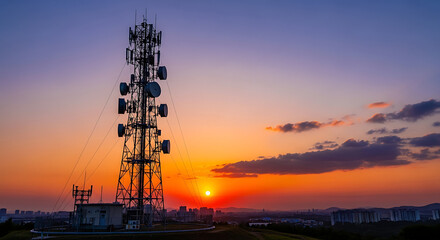 Sunset over Communications Tower Radiating Energy at Dusk with a Vibrant Skyline