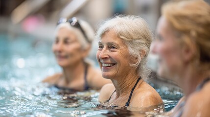 Active seniors enjoying a swim in a bright, inviting pool setting, radiating joy and vitality while engaging in a healthy lifestyle surrounded by water and camaraderie.