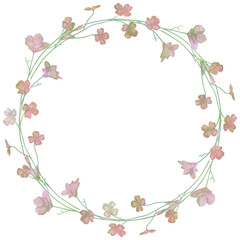 Isolated vector illustration. Round floral decor or frame. Wreath of wild flowers. Gillyflower or carnation. Matthiola bicornis. Clove blossom.