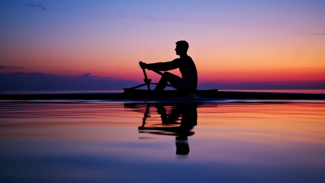 Silhouette of rower at sunset