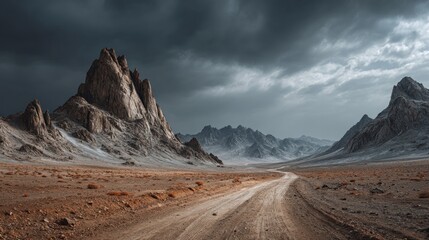 Gloomy road to the desolate rocky mountain ranges under a cloudy sky