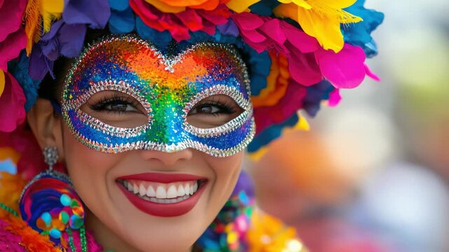 Vividly colorful masks often seen at Mardi Gras festivals. Traditionally worn to conceal the face and add to the festive atmosphere.