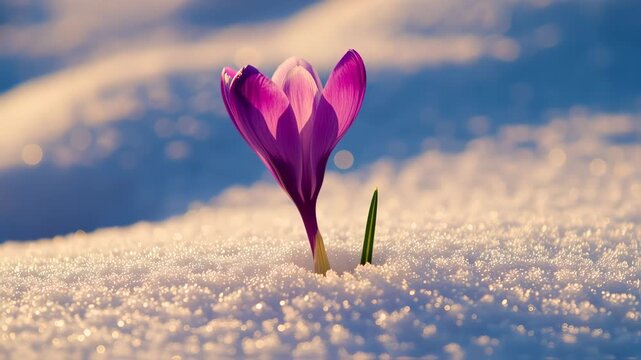 A single vibrant purple crocus flower emerges from a bed of sparkling snow.  Soft, muted colors of the sunrise or sunset create a dreamy atmosphere
