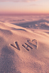 V and H Initials Carved into Pale Beige Sand with Thin Grooves and Romantic Minimalist Style – perfect for engagement keepsakes