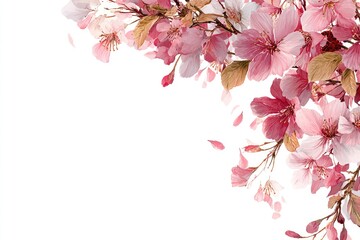 Obraz premium Delicate pink cherry blossoms in soft focus, cascading over a white background