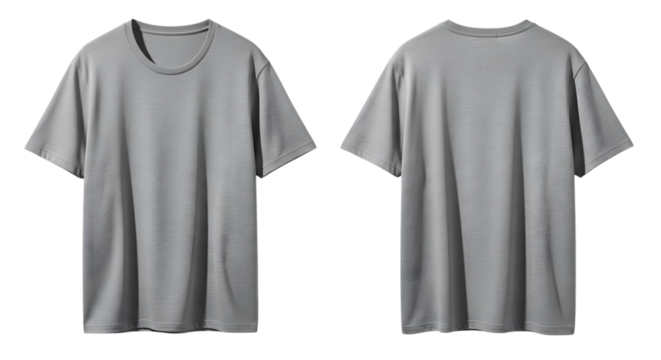 Front and back view of a grey distressed tshirt isolated on transparent background, showcasing its unique ripped design and casual style