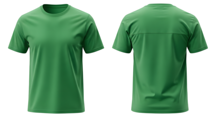 Front and back view of a plain green tshirt, isolated on transparent background, showcasing its simple design and fabric texture, perfect for fashion mockups and ecommerce product displays