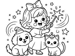 A black and white coloring page showing a young girl dressed as a princess, holding a magic wand and smiling happily. Creating a whimsical and fun scene.