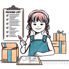 Young girl preparing a packing list with boxes on the table