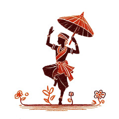 Dancer performing traditional dance with umbrella on flower background  