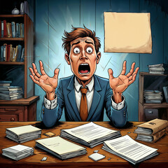 Stressed businessman sitting at desk surrounded by paperwork  