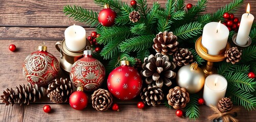 Ornate Christmas ornaments, pine cones, candles, and evergreen boughs arranged on rustic wood, pine cones, holiday