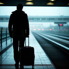 Man standing with suitcase at train station in foggy weather  