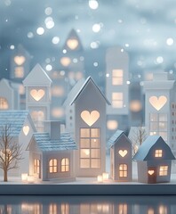 A charming miniature town, crafted in white, stands out against a soft, wintery backdrop.  Warm light spills from the heart-shaped windows of each cozy house, creating a serene and romantic scene.