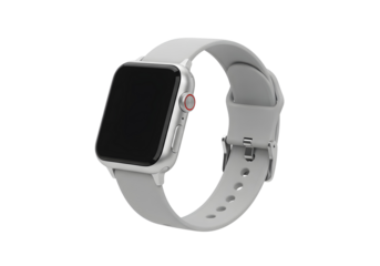Smartwatch with Gray Band Displaying a Digital Screen on a White Background