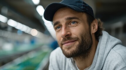 Fototapeta premium Thoughtful young man with beard and blue eyes wearing a cap, reflecting while sitting in a modern indoor environment with blurred background