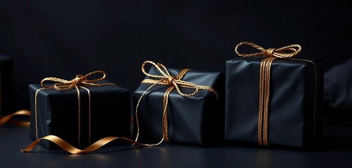 Mysterious black-wrapped gifts tied with gold string, elegant dark background,  luxury,  present